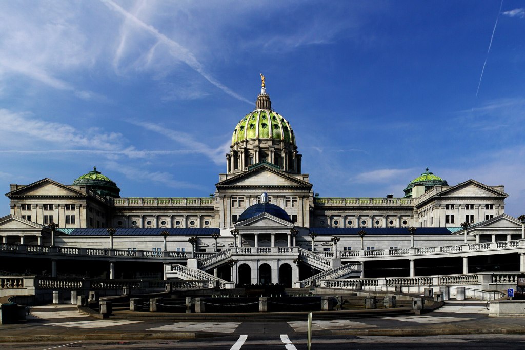 The east side of the Pennsylvania State Capitol in Harrisburg