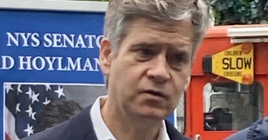 Manhattan Borough President Brad Hoylman-Sigal, then a state senator, speaking with a constituent on the Upper West Side in 2023
