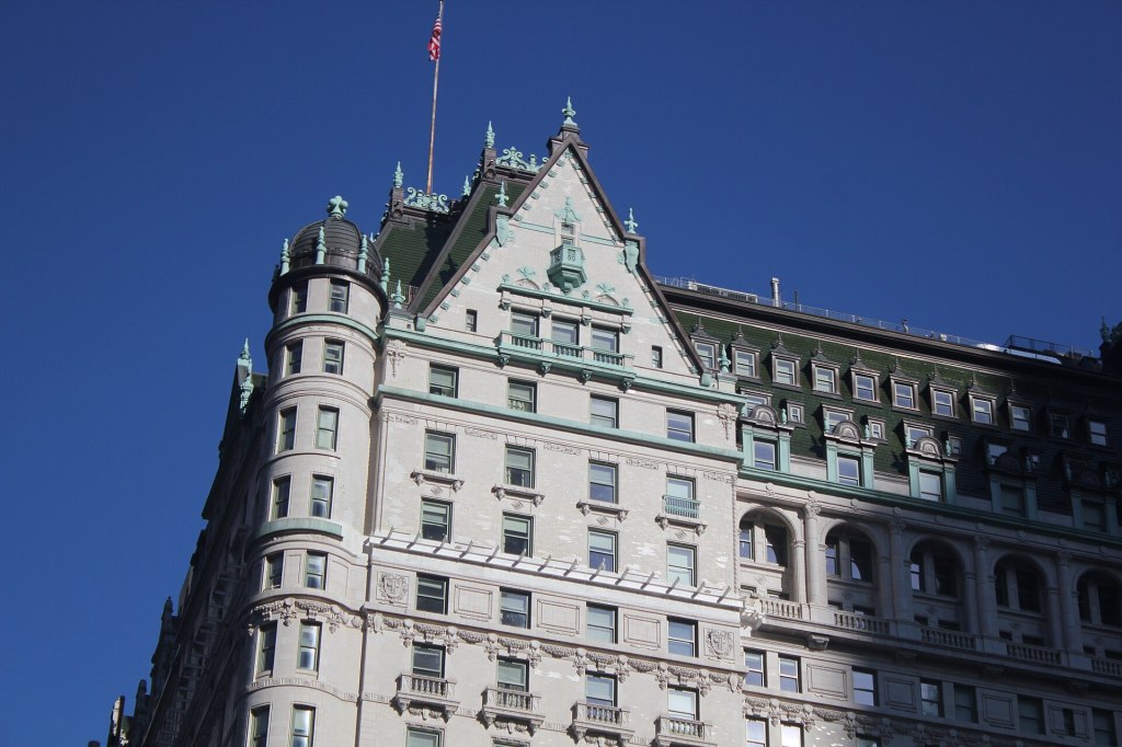 The French Renaissance-style marble facade of the Plaza Hotel on Fifth Avenue at Central Park South, Manhattan