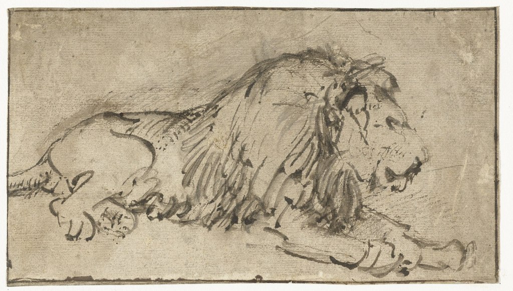 Rembrandt's reed-pen and brown-ink drawing of a lion lying down, facing right, on light brown paper